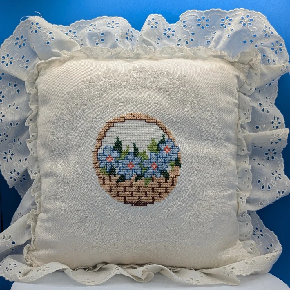 Vintage Cross Stitch Floral Basket Throw Pillow Ivory Eyelet Lace Ruffle Blue